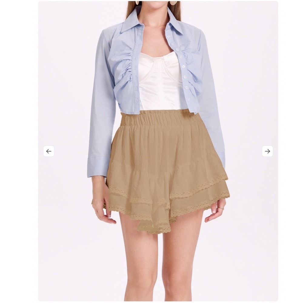 Boho Tiered Ruffle Skort Camel Tan Eyelet Lace Trim Elastic Waist Size L
